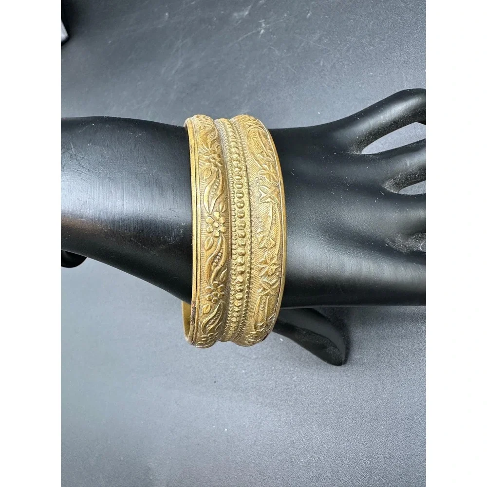 Vintage Brass Bangle Bracelet Victorian Style Floral Scroll Embossed Ornate Wide
